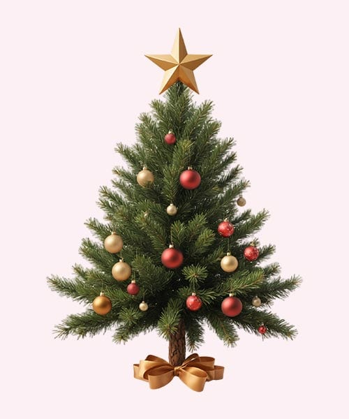 Festive Christmas tree with red and gold baubles, star topper, and ribbon bow for holiday décor.