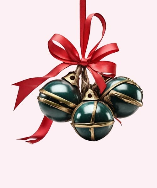 Festive holiday decor featuring green jingle bells with red ribbon and gold accents, perfect for Christmas celebrations.